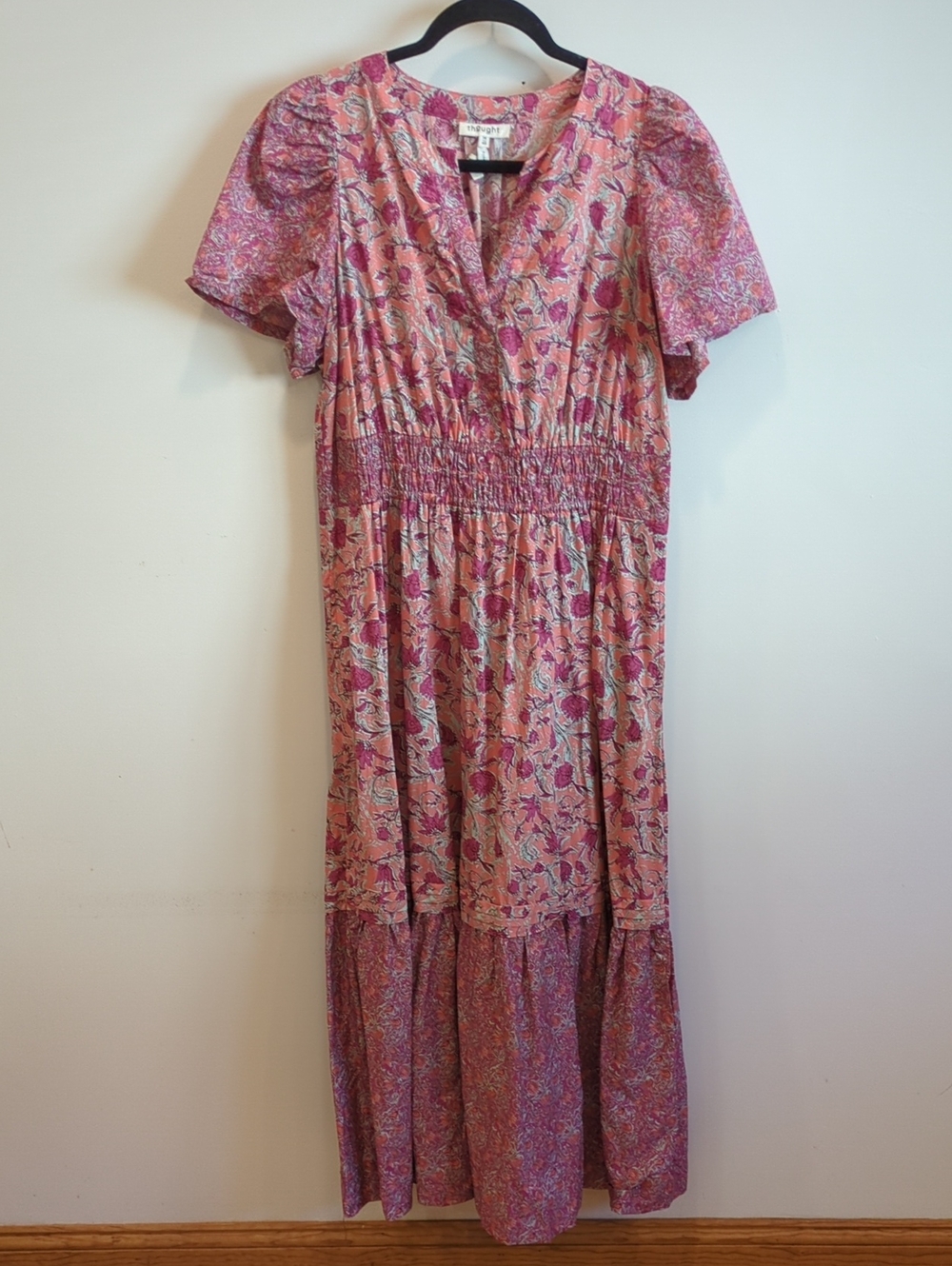 Whimsy Girly Flirty Boho Thought Clothing Pink Orange Floral Maxi Dress US Sz 10